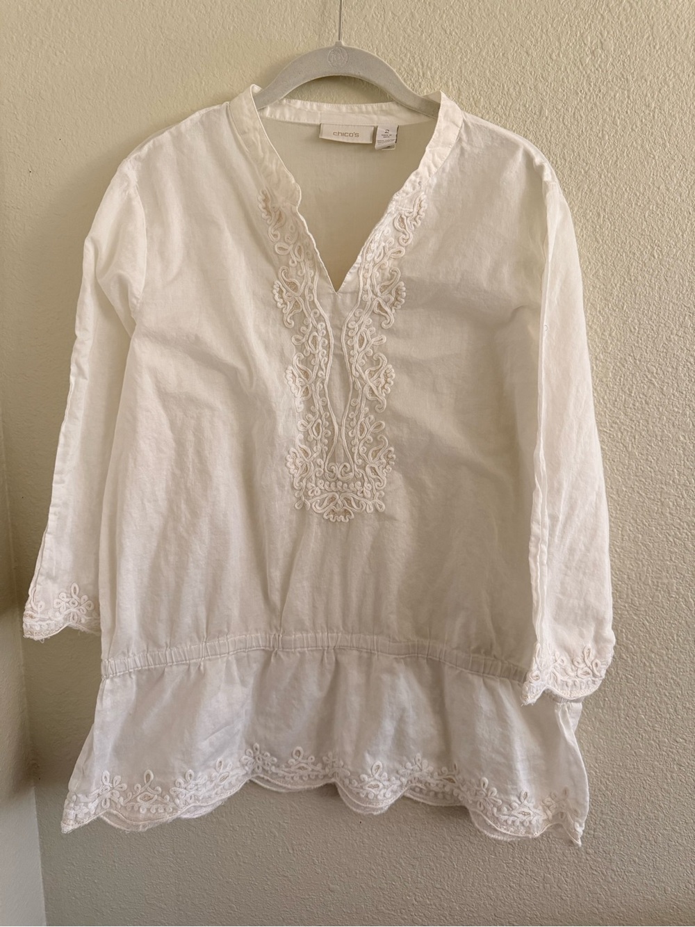 Chico's White Embroidered V-Neck Tunic